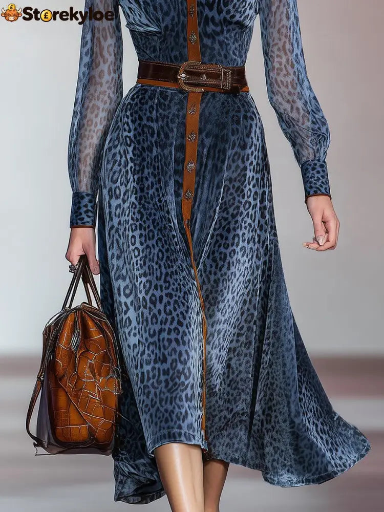 Blue Long Sleeve Leopard Midi Dress