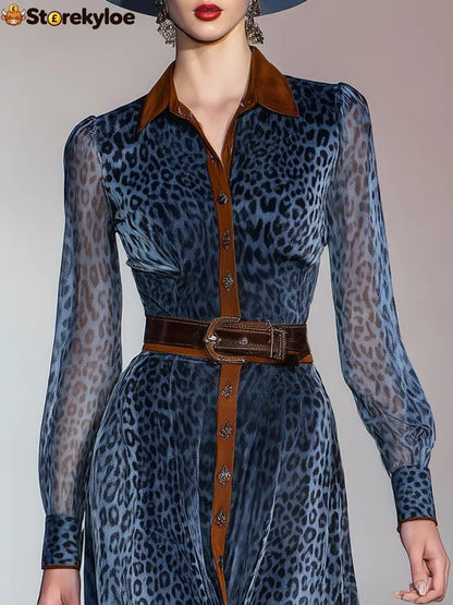 Blue Long Sleeve Leopard Midi Dress