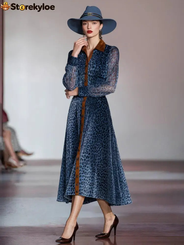 Blue Long Sleeve Leopard Midi Dress