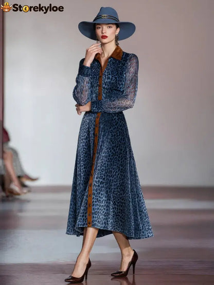 Blue Long Sleeve Leopard Midi Dress
