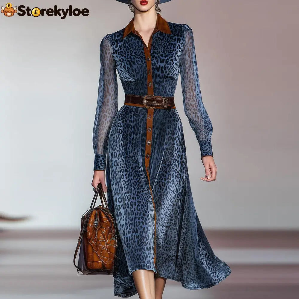 Blue Long Sleeve Leopard Midi Dress - Blue / S