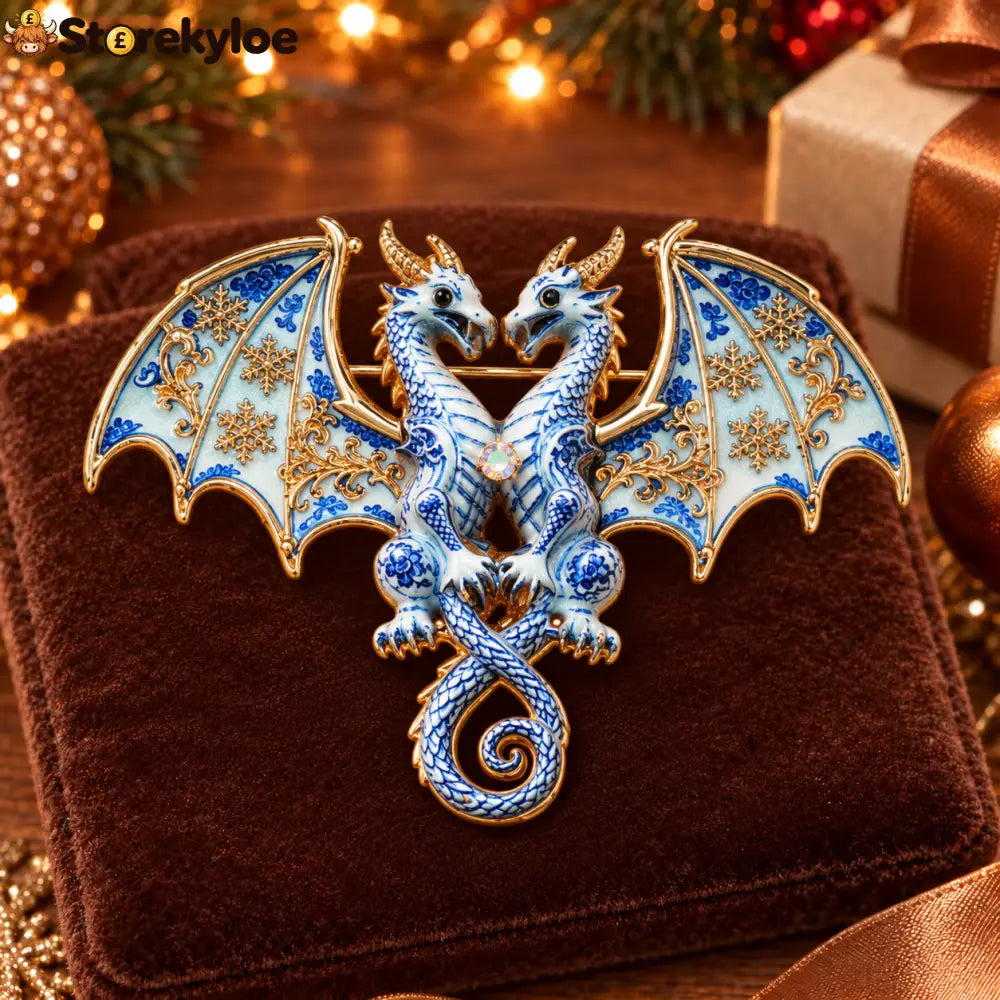 ⏳ LIMITED‑TIME FREE SHIPPING OVER £20 🐉❄️blue‑porcelain Twin Winter Dragons Enamel Vintage Brooch 🐉❄️ - A