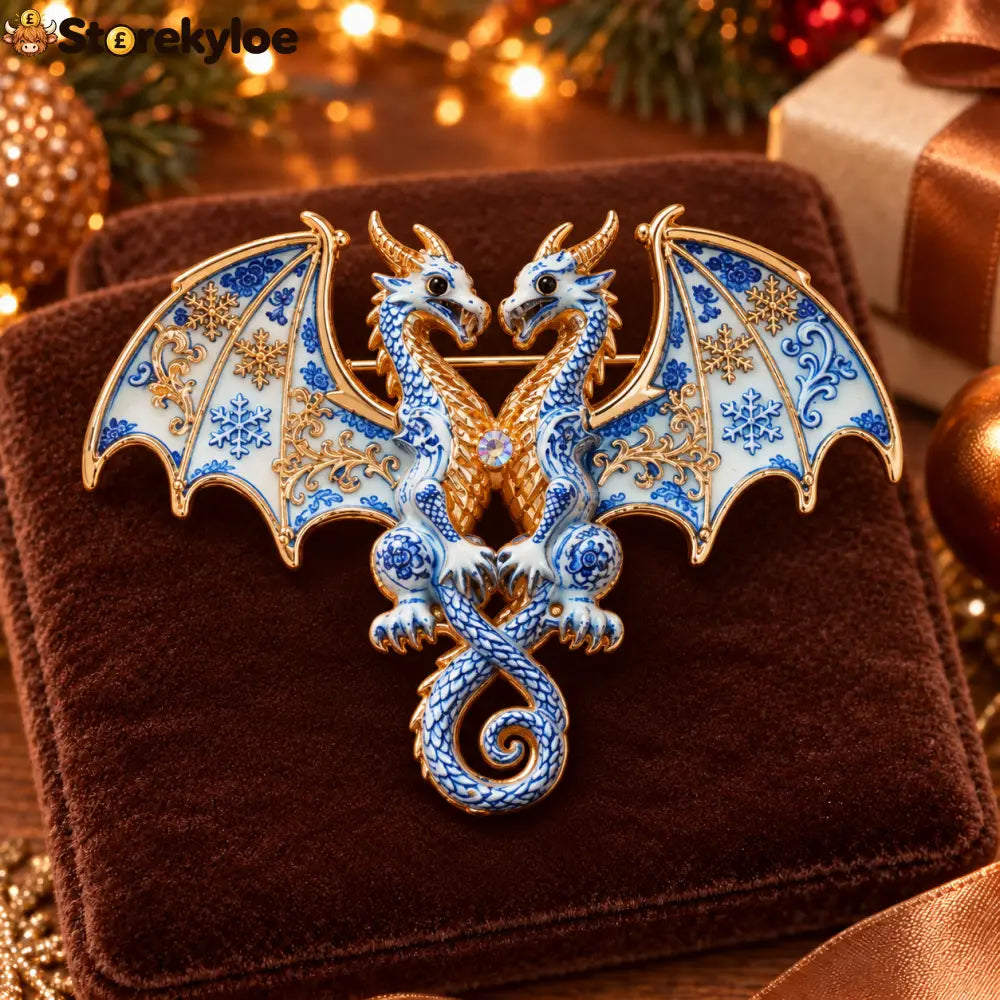 ⏳ LIMITED‑TIME FREE SHIPPING OVER £20 🐉❄️blue‑porcelain Twin Winter Dragons Enamel Vintage Brooch 🐉❄️ - B