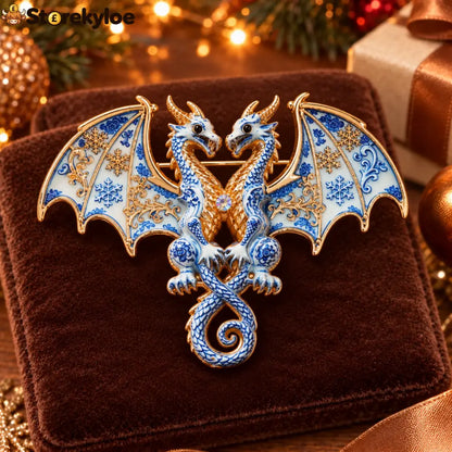 ⏳ LIMITED‑TIME FREE SHIPPING OVER £20 🐉❄️blue‑porcelain Twin Winter Dragons Enamel Vintage Brooch 🐉❄️ - B