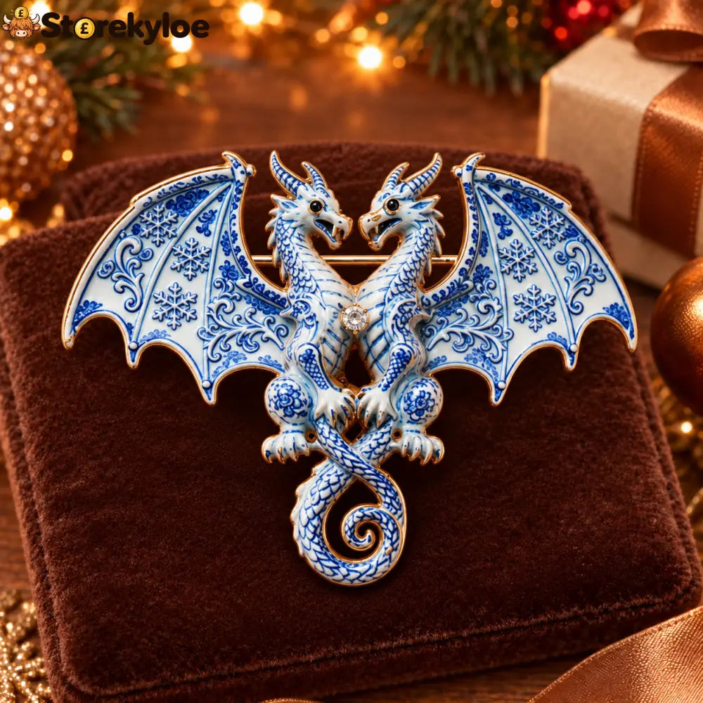 ⏳ LIMITED‑TIME FREE SHIPPING OVER £20 🐉❄️blue‑porcelain Twin Winter Dragons Enamel Vintage Brooch 🐉❄️ - C