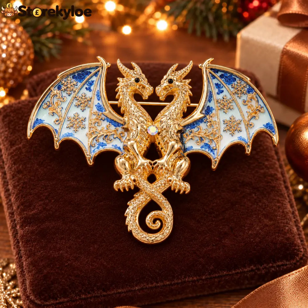 ⏳ LIMITED‑TIME FREE SHIPPING OVER £20 🐉❄️blue‑porcelain Twin Winter Dragons Enamel Vintage Brooch 🐉❄️ - D