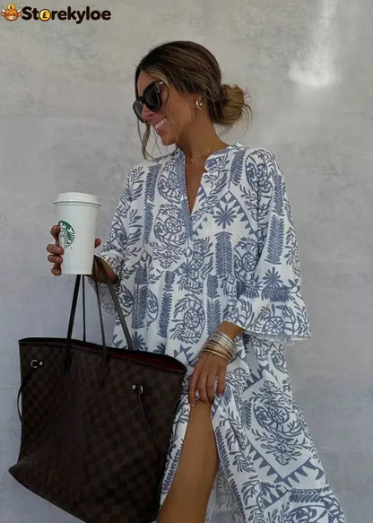 Blue V-Neck 3/4 Sleeve Mini Dress