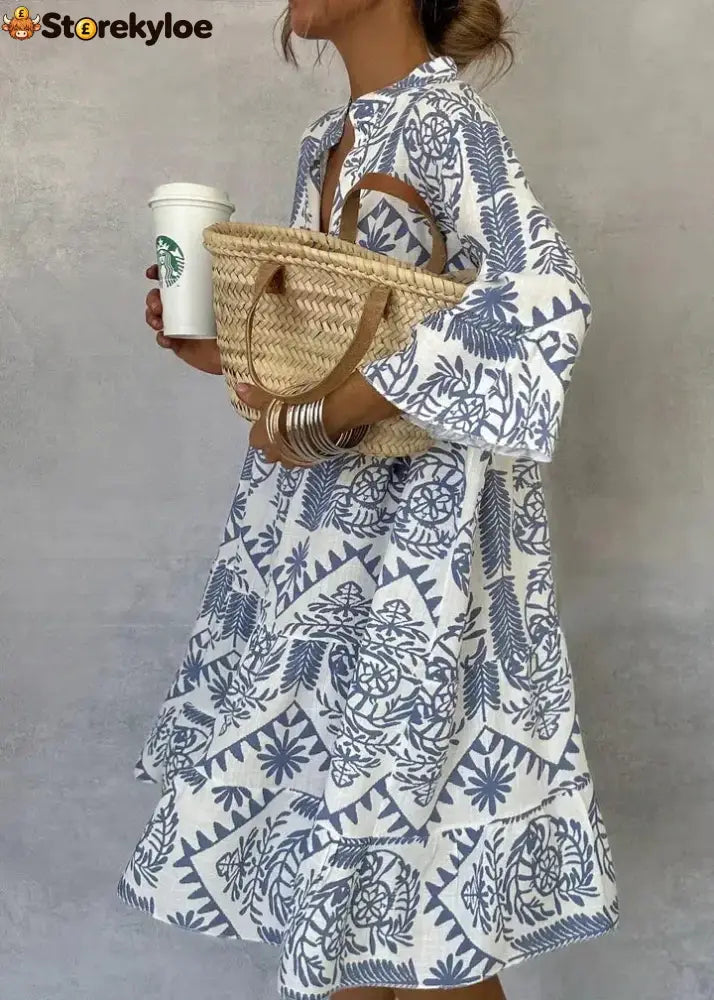 Blue V-Neck 3/4 Sleeve Mini Dress