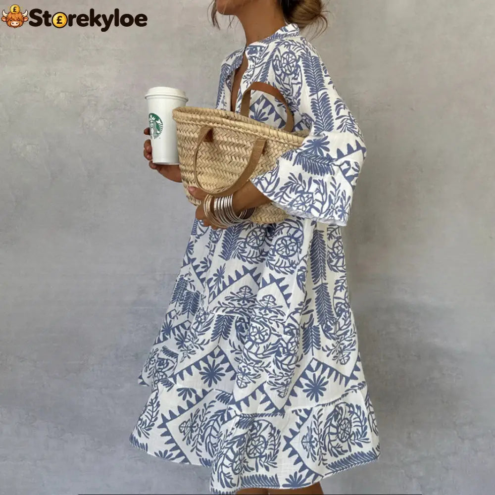 Blue V-Neck 3/4 Sleeve Mini Dress - Blue / S