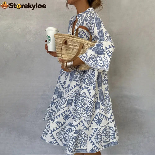 Blue V-Neck 3/4 Sleeve Mini Dress - Blue / S