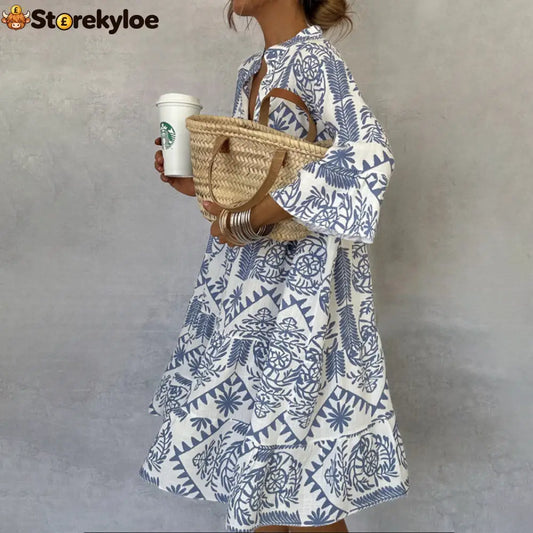Blue V-Neck 3/4 Sleeve Mini Dress - Blue / S