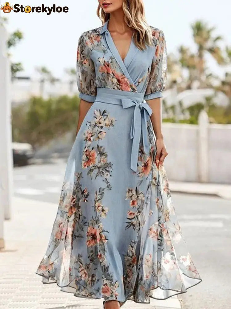 Blue V-Neck Short Sleeve Midi Dress