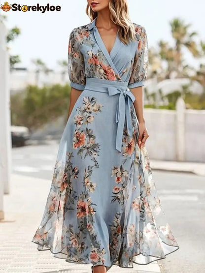 Blue V-Neck Short Sleeve Midi Dress