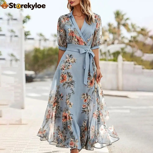 Blue V-Neck Short Sleeve Midi Dress - Blue / S