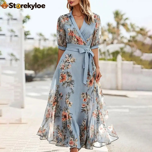 Blue V-Neck Short Sleeve Midi Dress - Blue / S