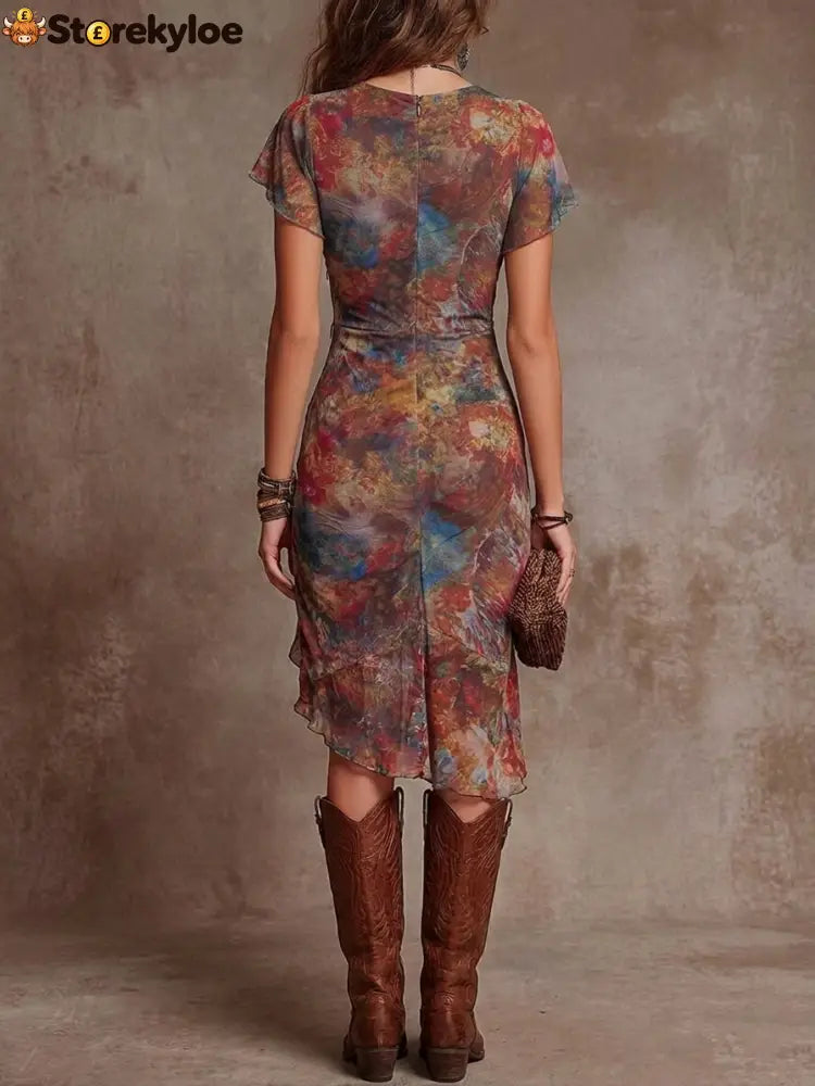Bohemian Abstract Art Print V-neck Pleated Midi Dress