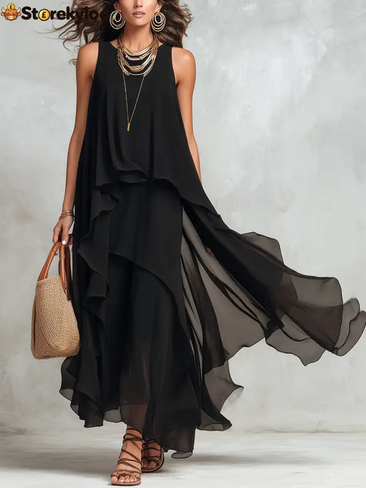 Bohemian Black Layered Chiffon Maxi Dress - Black / XS
