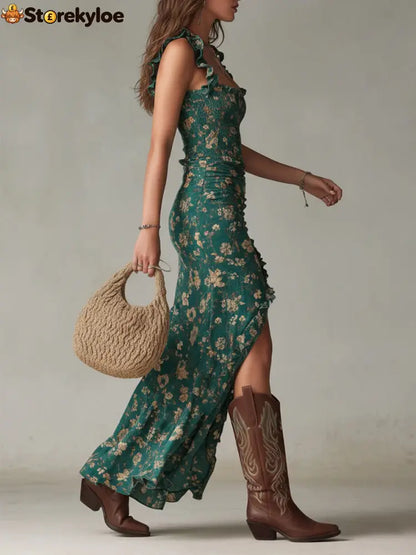 Bohemian Green Printed Maxi Dress with Ruffled Sleeves