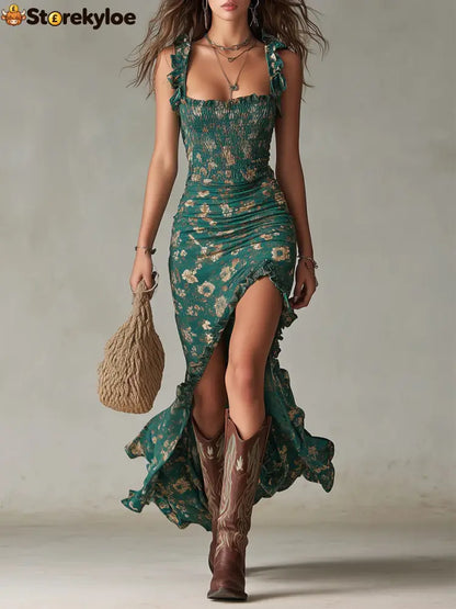 Bohemian Green Printed Maxi Dress with Ruffled Sleeves - Green / XS