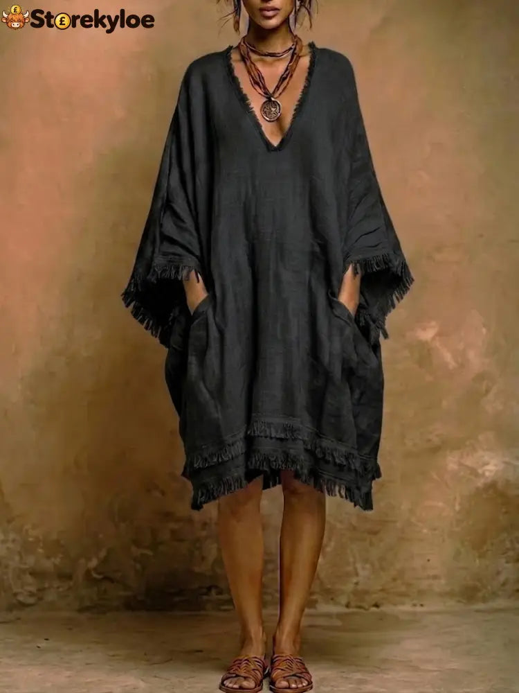 Bohemian Loose-fit Frayed Linen And Cotton Dress - Black / S