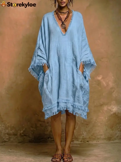 Bohemian Loose-fit Frayed Linen And Cotton Dress - LightBlue / S