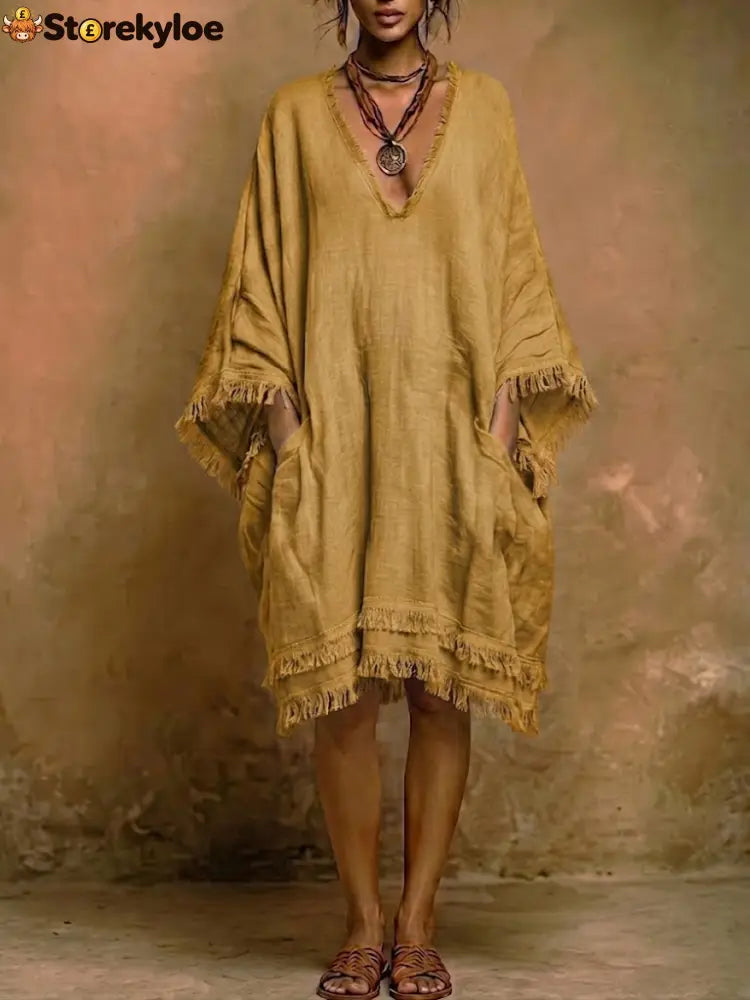 Bohemian Loose-fit Frayed Linen And Cotton Dress - Yellow / S