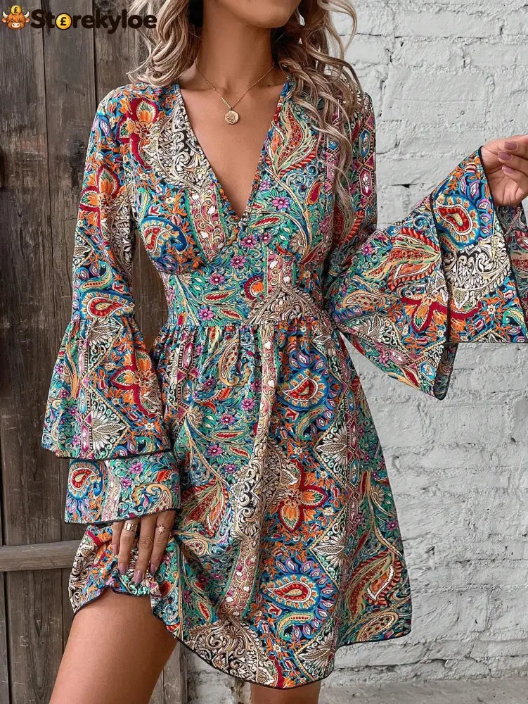 Bohemian Paisley Floral Bell Sleeve Dress