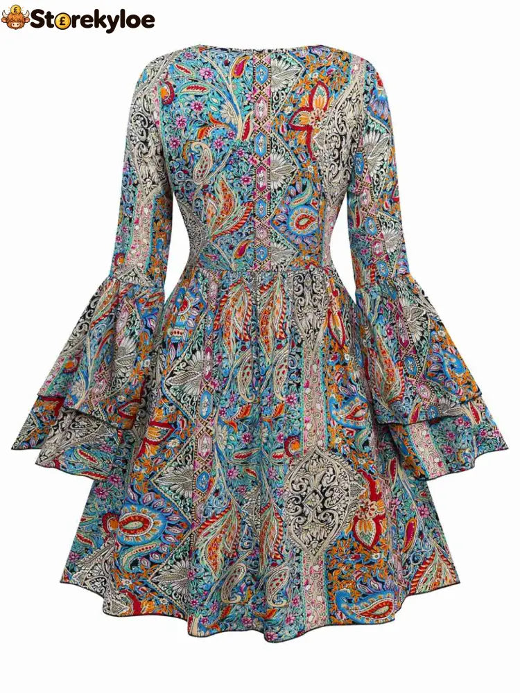 Bohemian Paisley Floral Bell Sleeve Dress