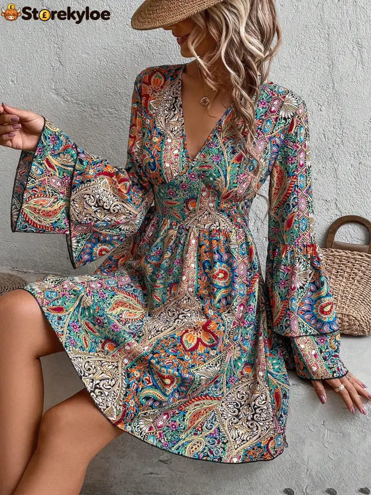Bohemian Paisley Floral Bell Sleeve Dress