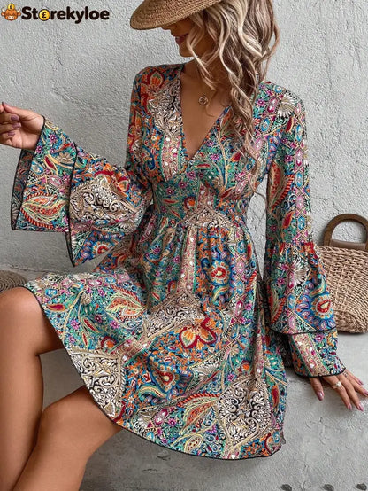 Bohemian Paisley Floral Bell Sleeve Dress