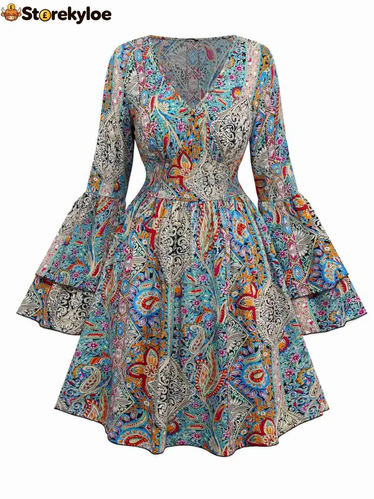 Bohemian Paisley Floral Bell Sleeve Dress