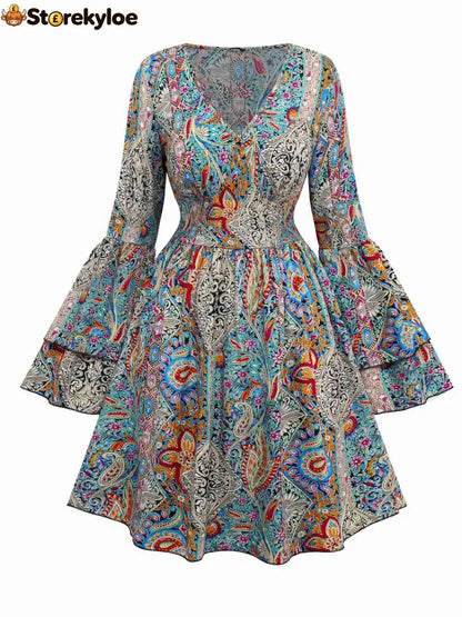 Bohemian Paisley Floral Bell Sleeve Dress