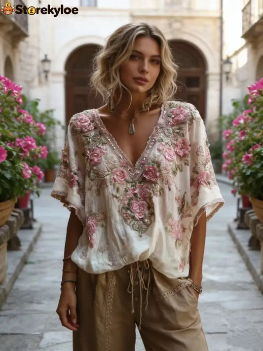 Bohemian-style Pink Floral Embroidery V-neck Short-sleeved Shirt With Sequins