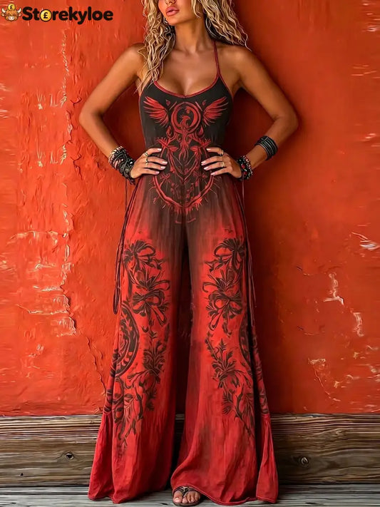 Bohemian-style Strappy Stretchy Jumpsuit - Red / S