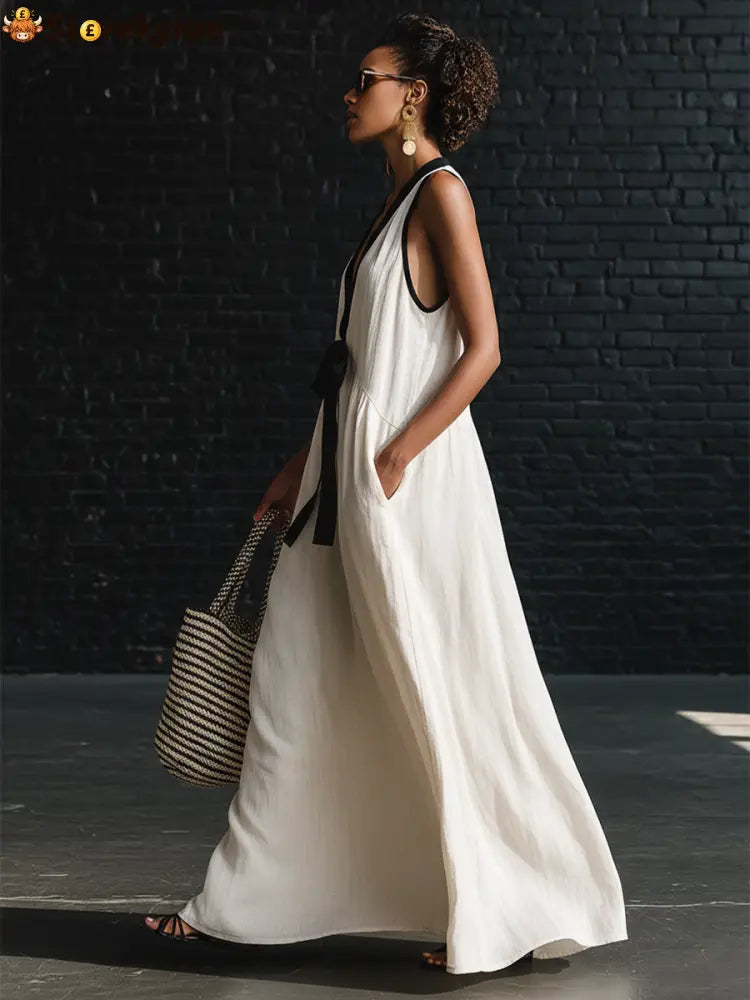 Bohemian Style White And Black Color Blocked Sleeveless V-neck Maxi Dress