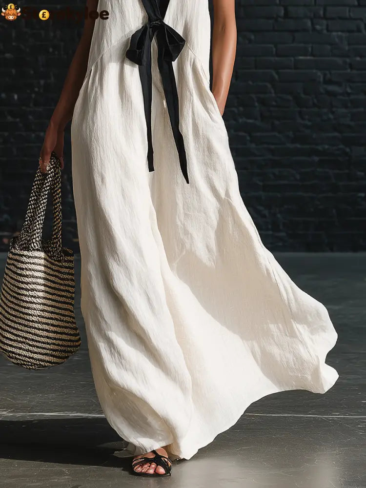 Bohemian Style White And Black Color Blocked Sleeveless V-neck Maxi Dress
