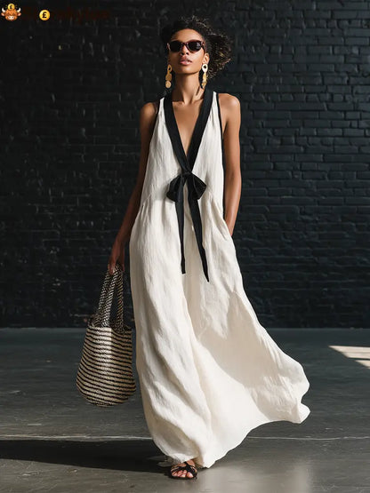 Bohemian Style White And Black Color Blocked Sleeveless V-neck Maxi Dress