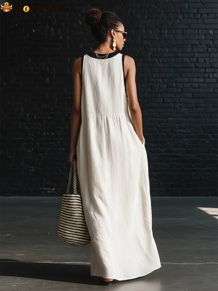 Bohemian Style White And Black Color Blocked Sleeveless V-neck Maxi Dress