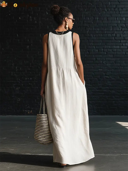 Bohemian Style White And Black Color Blocked Sleeveless V-neck Maxi Dress