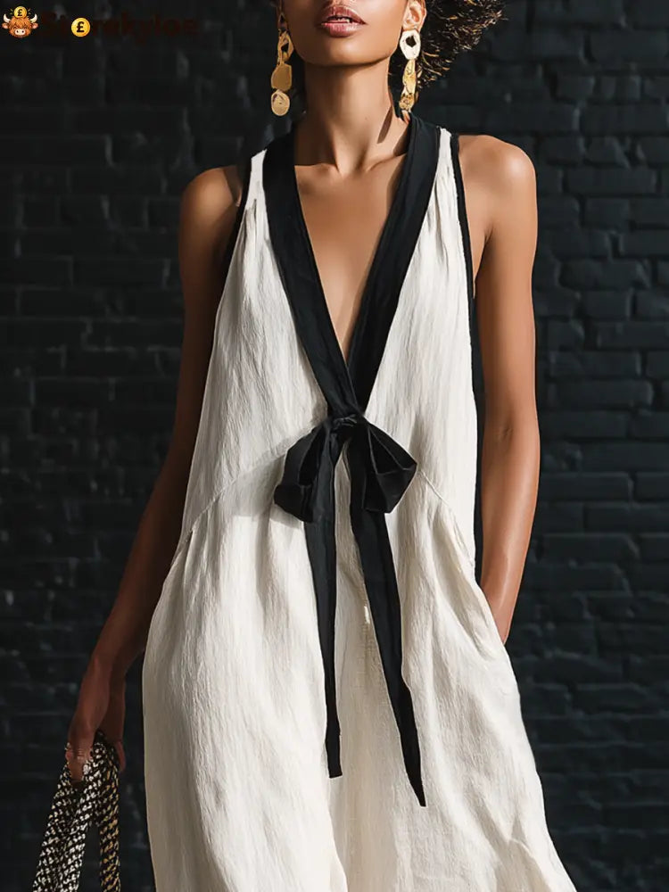 Bohemian Style White And Black Color Blocked Sleeveless V-neck Maxi Dress