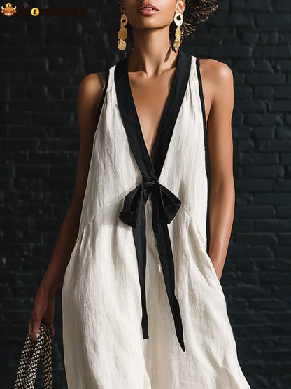 Bohemian Style White And Black Color Blocked Sleeveless V-neck Maxi Dress