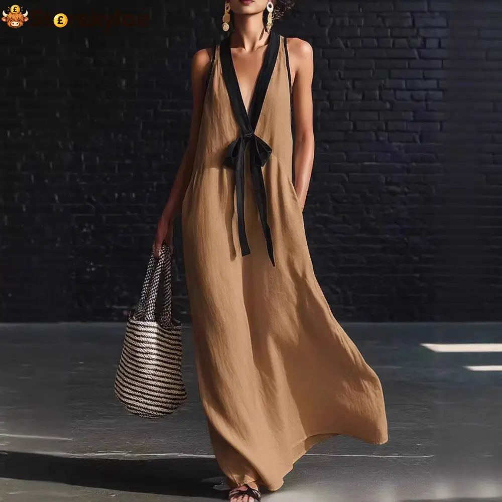 Bohemian Style White And Black Color Blocked Sleeveless V-neck Maxi Dress - Khaki / S