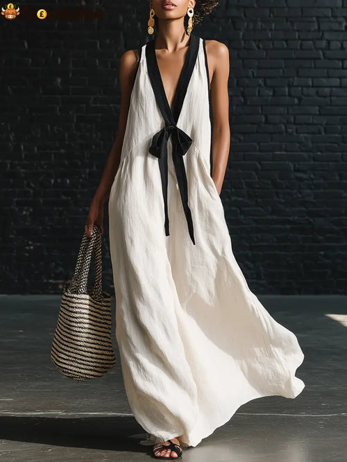 Bohemian Style White And Black Color Blocked Sleeveless V-neck Maxi Dress - White / S