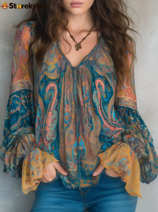Bohemian Teal & Amber Paisley Chiffon Blouse With Ruffled Cuffs - Teal / XS