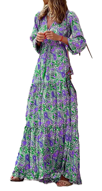 Bohemian V-Neck Autumn Dress For Fall Fashion