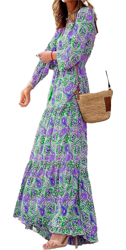 Bohemian V-Neck Autumn Dress For Fall Fashion