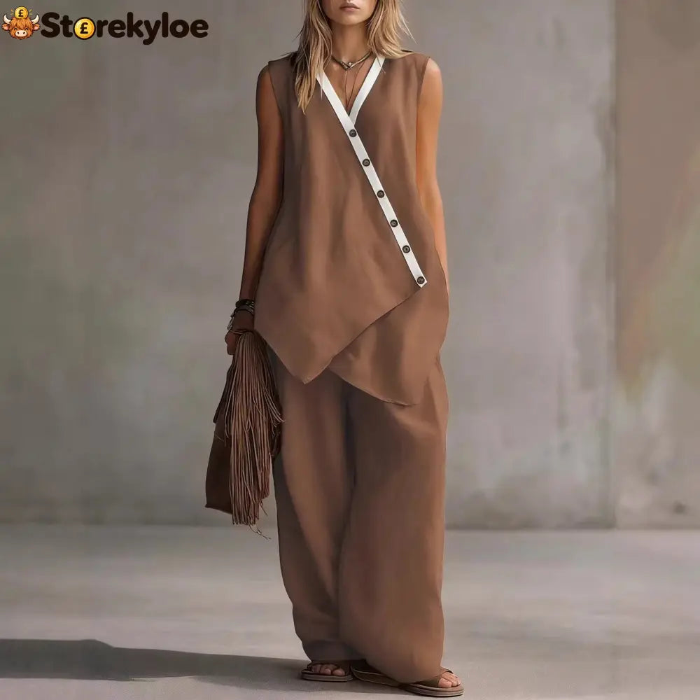Bohemian V-Neck Irregular Button Vest Wide-Leg Pants Casual Suit