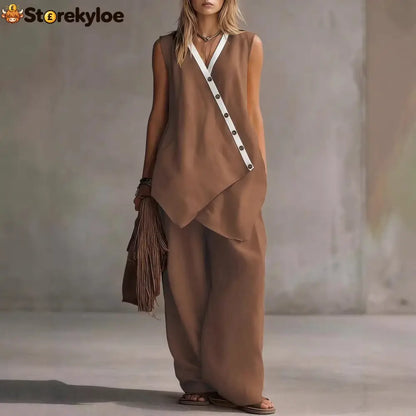 Bohemian V-Neck Irregular Button Vest Wide-Leg Pants Casual Suit