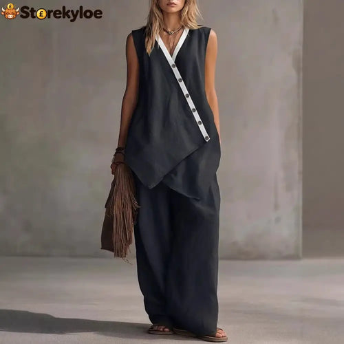 Bohemian V-Neck Irregular Button Vest Wide-Leg Pants Casual Suit - Black / S