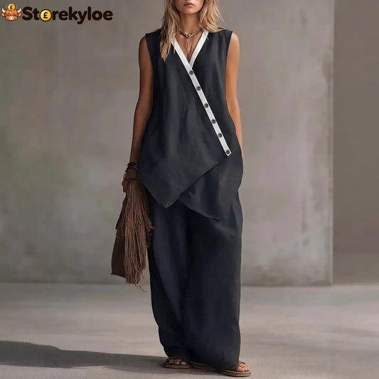Bohemian V-Neck Irregular Button Vest Wide-Leg Pants Casual Suit - Black / S